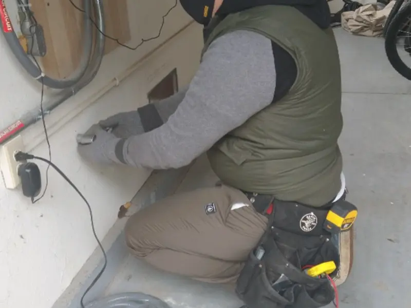 Electrician performing outlet wiring in a Five Corners garage